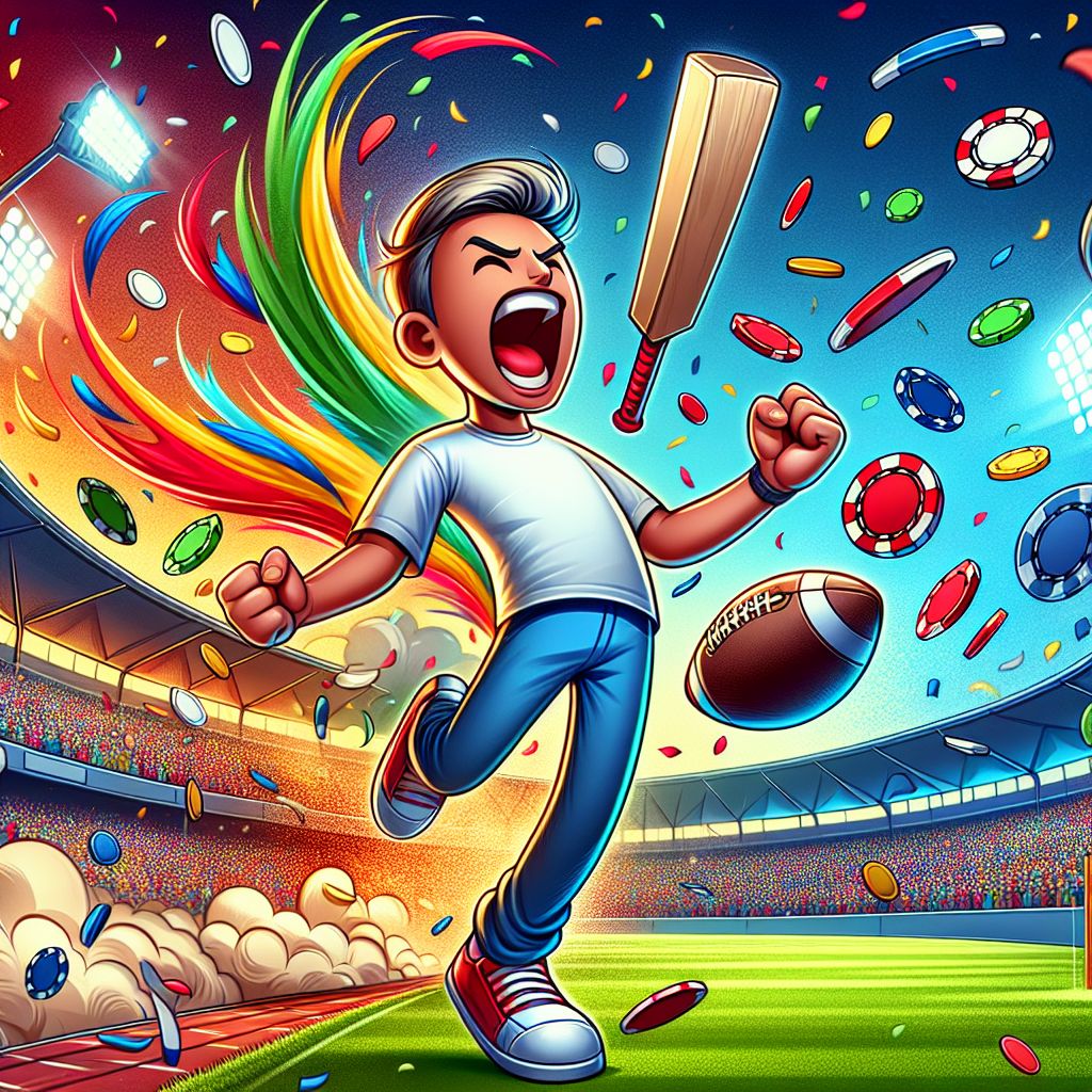 777bat sports betting themed character celebrating victory with sports icons