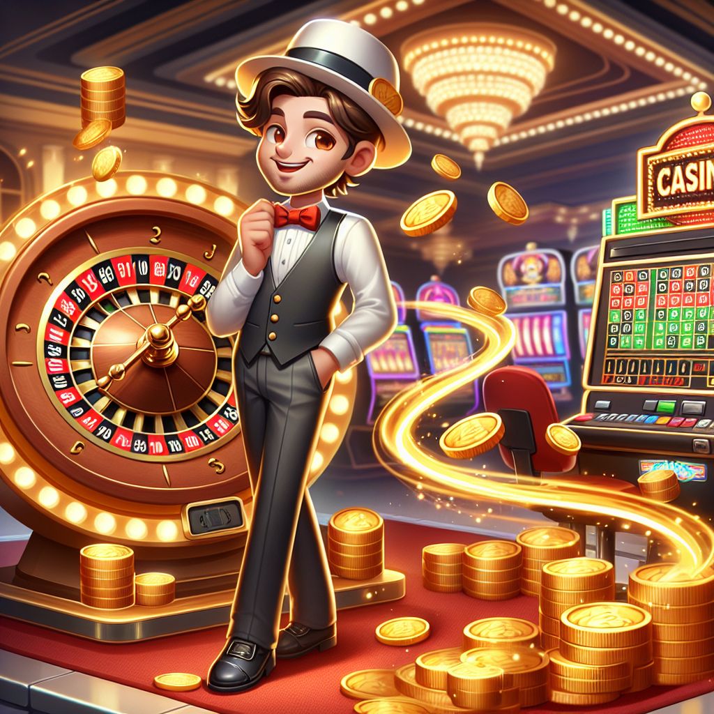 777bat Casino themed character surrounded by slot machines and golden coins